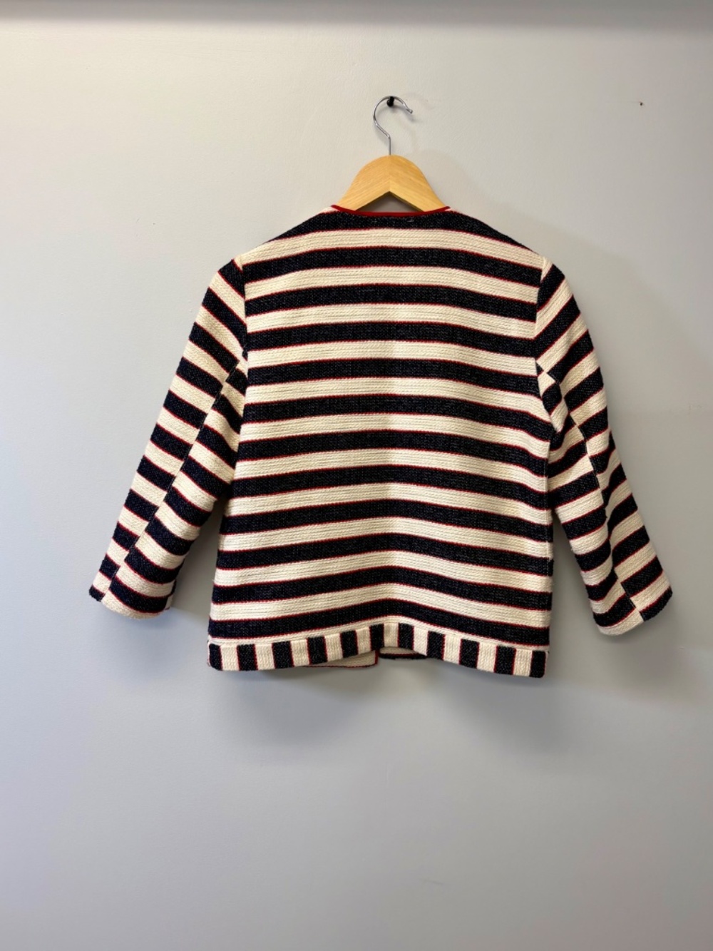 Promod Parisian Tweed Striped Knit Jacket | French Nautical Red Trim Blazer S - Picture 2 of 13